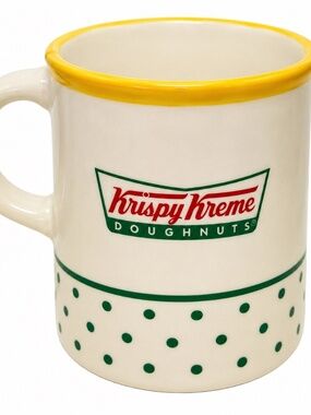 Krispy Kreme Ceramic Coffee Mug Green Polka Dot Yellow Rim